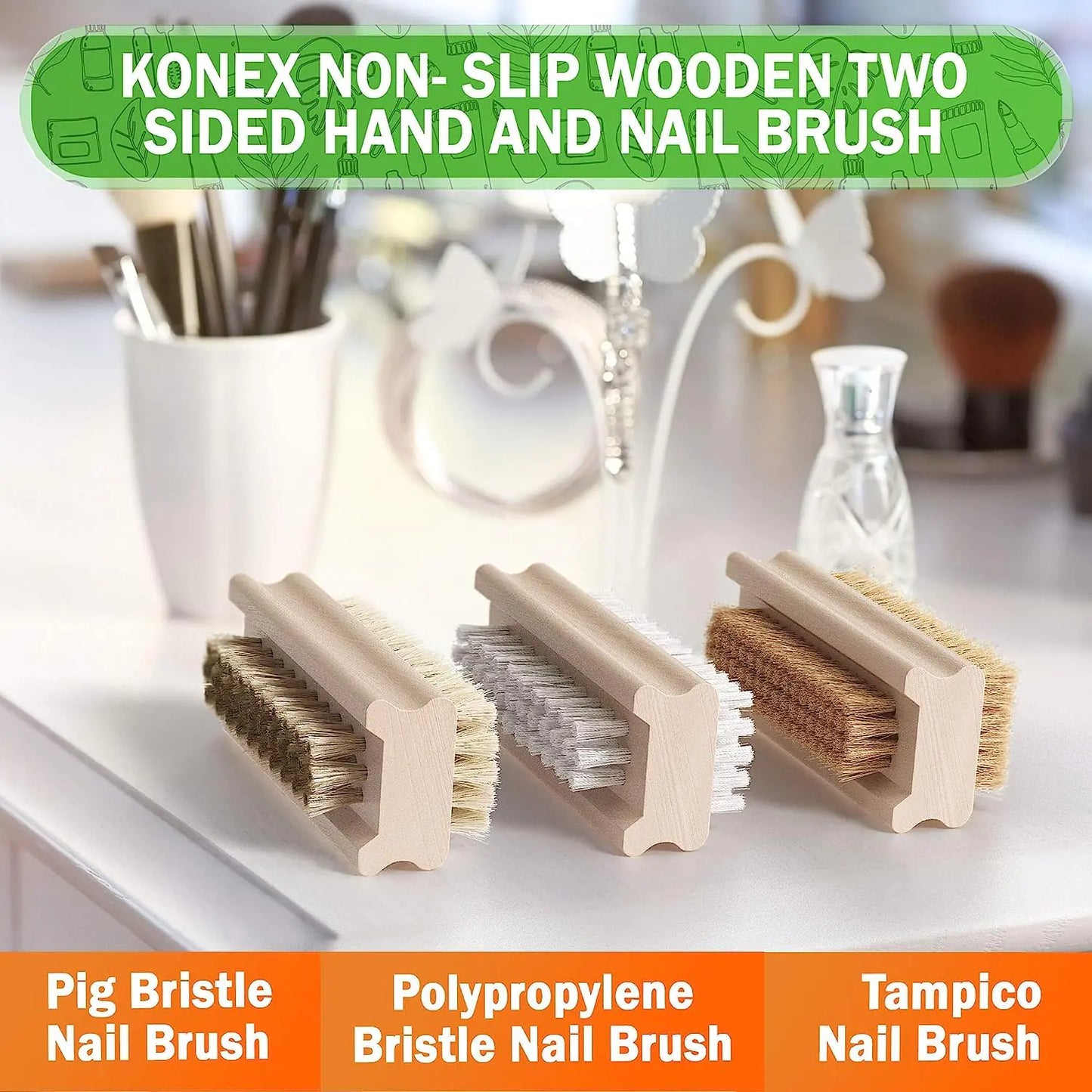 Konex Non-Slip Wooden Two-sided Hand and Nail Brush - Stiff Bristle Fingernail Brushes for Cleaning Under Nails - Heavy Duty Fingernail Brush for Manicure and Automotive Use - 2 Pack Pack of 2 2.0